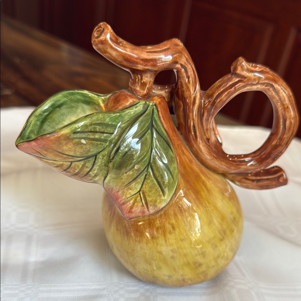 Fitz and Floyd Yellow and Brown Ceramic Pear with Green Leaves
